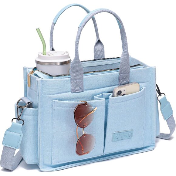 Women's Light Blue Canvas Tote Bag Bags Crossbody Work Laptop Tote Bag Large